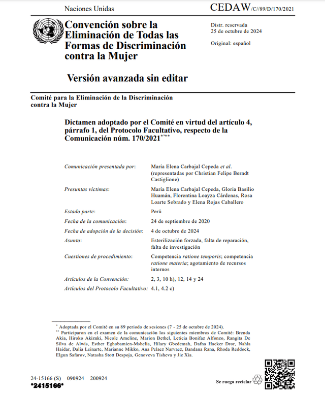 Informe de la ONU donde informa sobre el caso de esterilizaciones forzadas. 