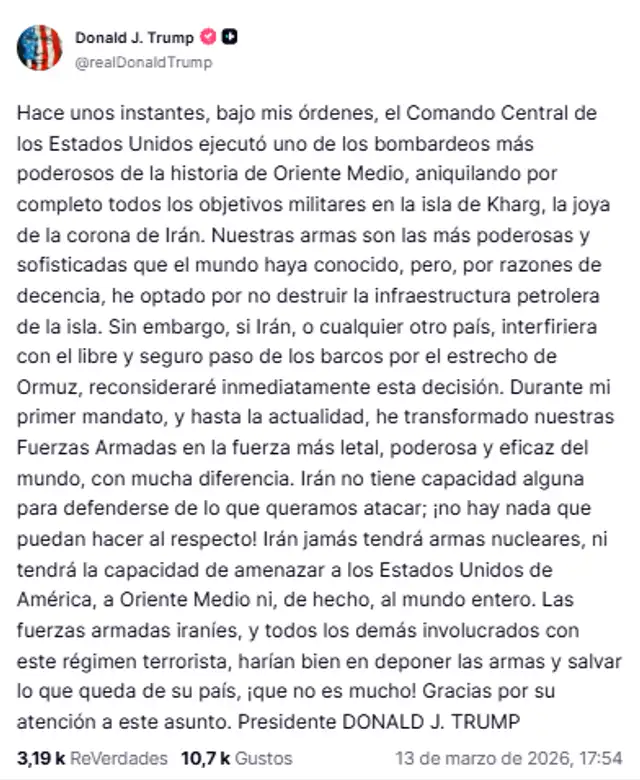 Trump asegura que Estados Unidos aniquiló "por completo" los objetivos militares en Kharg.  
