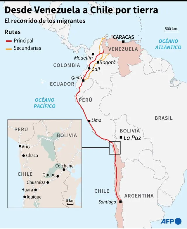 Mapa con el detalle de las principales rutas terrestres usadas por los migrantes venezolanos hacia Chile. Infografía: AFP