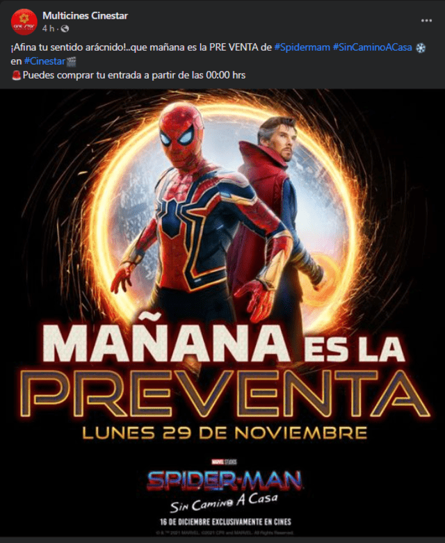 Multicines Cinestar anuncia su preventa de Spider-Man: no way home para hoy a la medianoche. Foto: captura Facebook
