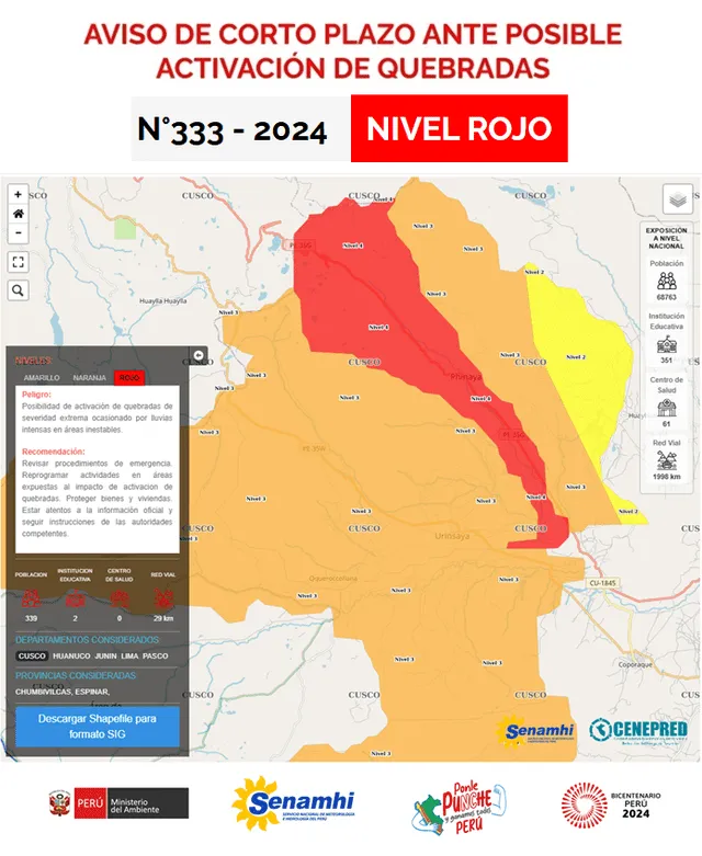 Senamhi emite alerta roja por posible activación de quebradas.