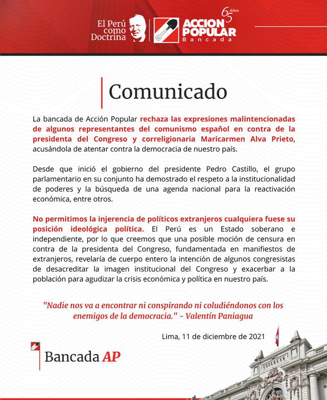 Acción Popular respalda a la presidenta del Congreso, María del Carmen Alva. Foto: @ApBancada/Twitter