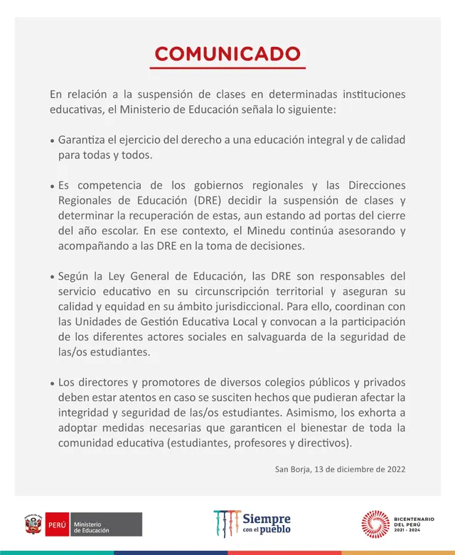 Comunicado de Minedu sobre suspensión de clases en Perú. Foto: Minedu