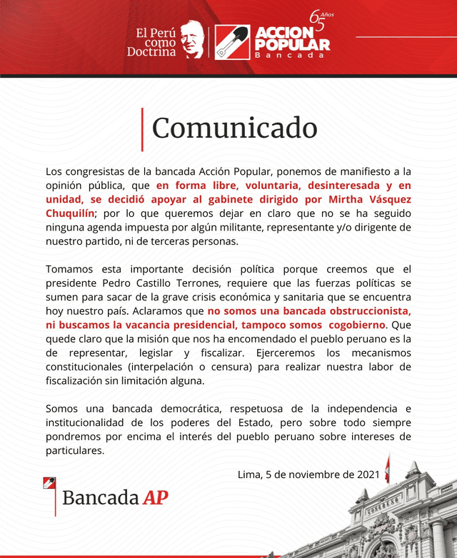 Comunicado Oficial AP. Foto: Acción Popular