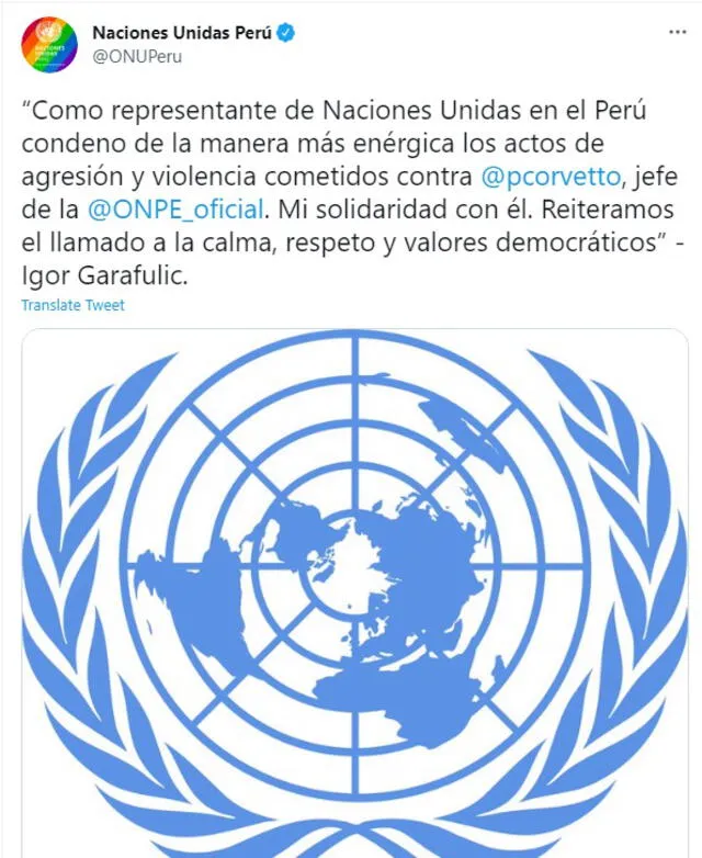 Pronunciamiento de la ONU Perú sobre agresión contra jefe de la ONPE.