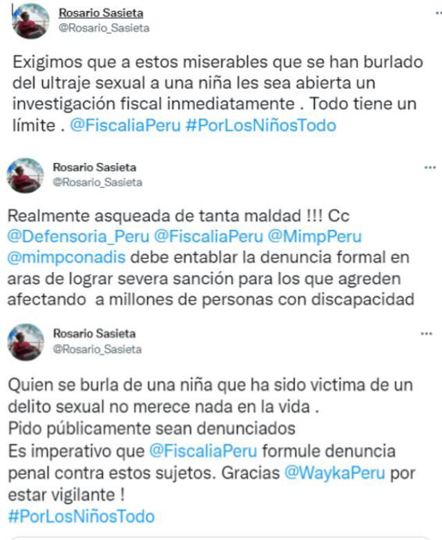 Rosario Sasieta pide denunciar a Ricardo Mendoza y a Norka por burlas a niña abusada. Foto: captura/Twitter.