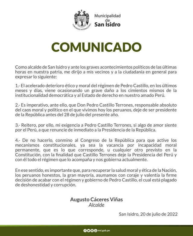 Comunicado del alcalde de San Isidro. Foto: Twitter/Augusto Cáceres