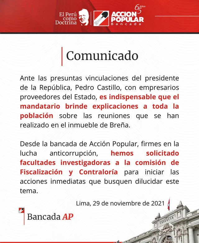 Comunicado de Acción Popular sobre las reuniones de Pedro Castillo en una casa de Breña. Foto: captura de Twitter