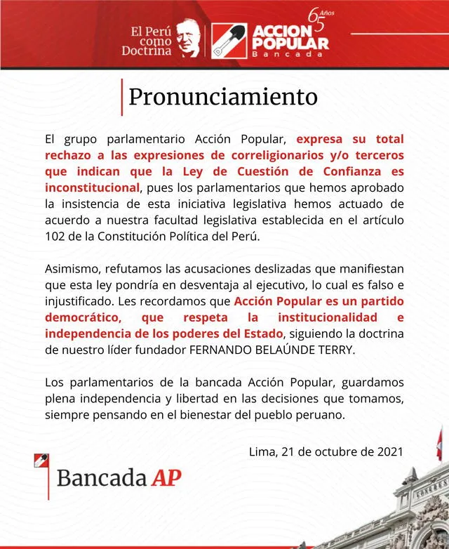 Pronunciamiento de Acción Popular sobre la ley que limita la cuestión de confianza. Foto: captura de Twitter