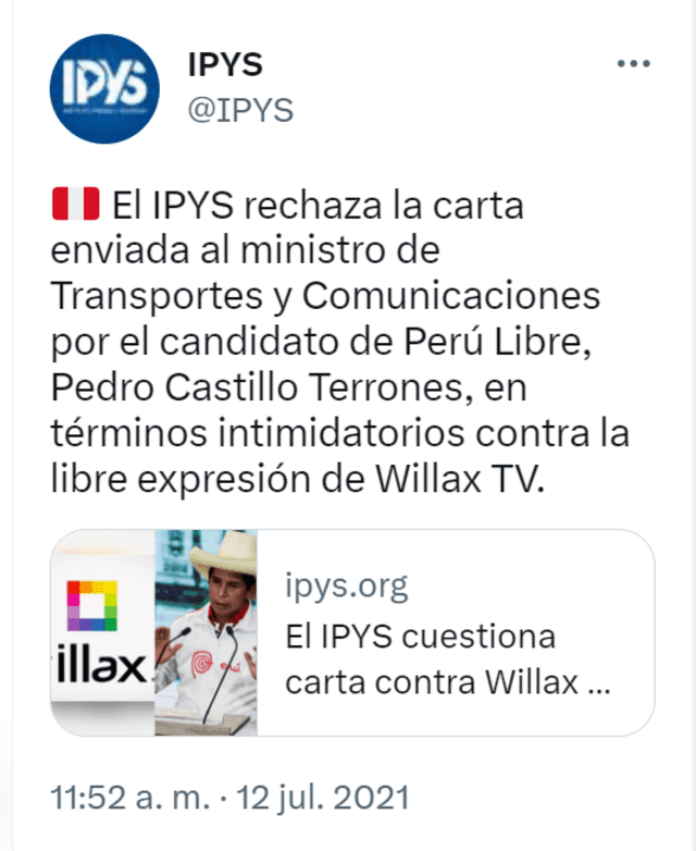 El IPYS se ha pronunciado antes defendiendo a Ortiz Pajuelo. Foto: captura de Twitter   