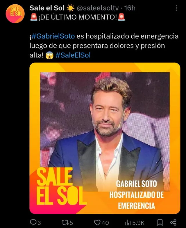El programa matutino 'Sale el sol' anunció que el actor se encontraba delicado de salud. Foto: X saleelsoltv El programa matutino 'Sale el sol' anunció que el actor se encontraba delicado de salud. Foto: X saleelsoltv