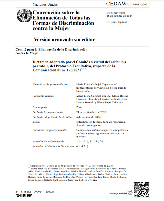 Informe del Comité sobre las esterilizaciones forzadas el la dictadura de Alberto Fujimori.   