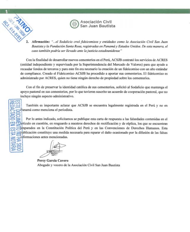 Segunda página de la carta notarial enviada por la Asociación Civil San Juan Bautista. Foto: San Juan Bautista Segunda página de la carta notarial enviada por la Asociación Civil San Juan Bautista. Foto: San Juan Bautista