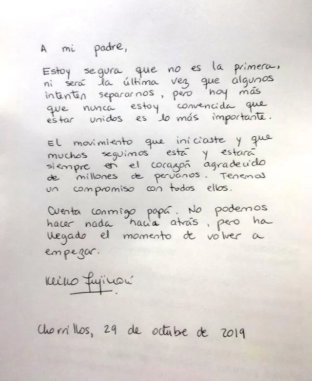 Carta de Keiko Fujimori a su padre, Alberto Fujimori.