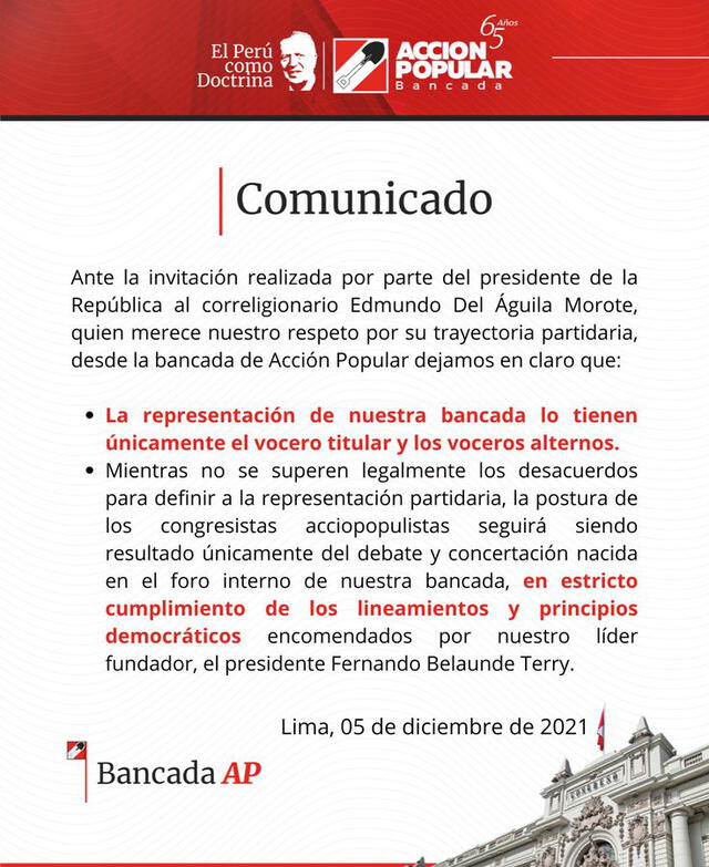 Bancada de Acción Popular emitió un pronunciamiento sobre invitación del presidente Pedro Castillo a Edmundo del Águila Morote para dialogar. Foto: Comunicado oficial de AP