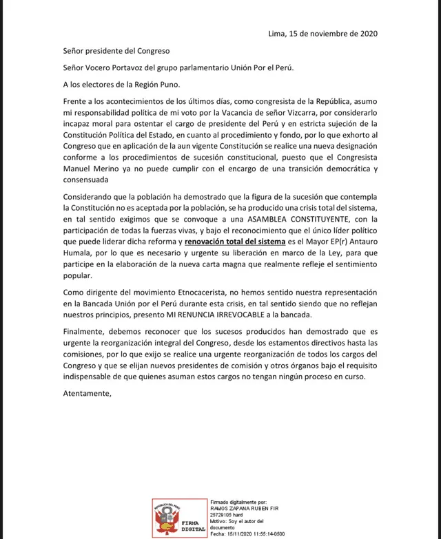 Carta de renuncia a la bancada de UPP de Rubén Ramos Zapana.