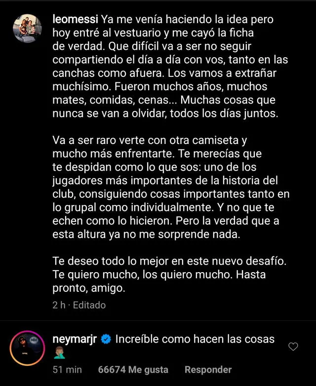 Mensaje Neymar Leo Messi Instagram