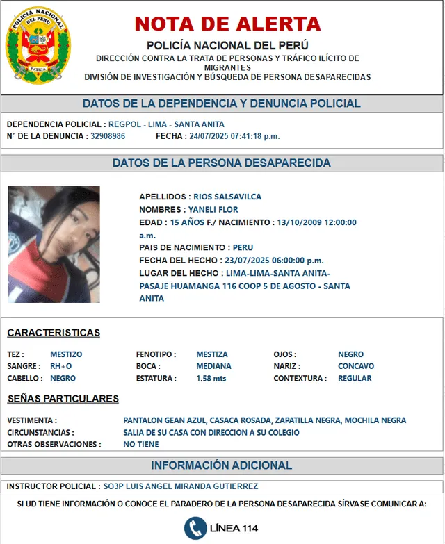 Familia pide ayuda para encontrar a menor de 15 años que desapareció luego de salir rumbo a su colegio en Santa Anita. Foto: PNP Familia pide ayuda para encontrar a menor de 15 años que desapareció luego de salir rumbo a su colegio en Santa Anita. Foto: PNP