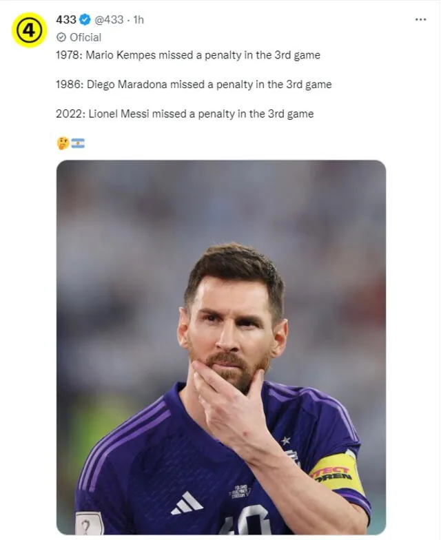 Messi repitió el error de Kempes y Maradona. Foto: captura 433/Twitter