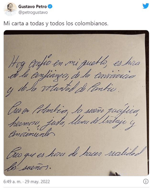 Gustavo Petro da un último mensaje a sus seguidores antes de que inicien los comicios.