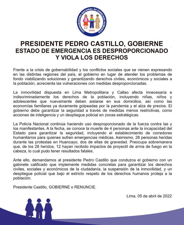 La CNDDHH rechaza toque de queda de Castillo. Foto: comunicado oficial