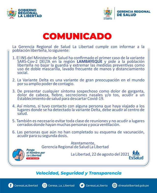 Comunicado de la Geresa ante la presencia de la variante Delta en Lambayeque