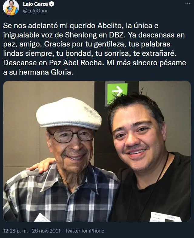 El conocido actor de doblaje Lalo Garza compartió con sus seguidores la partida de Abel Rocha. Foto: @LaloGarx/Twitter