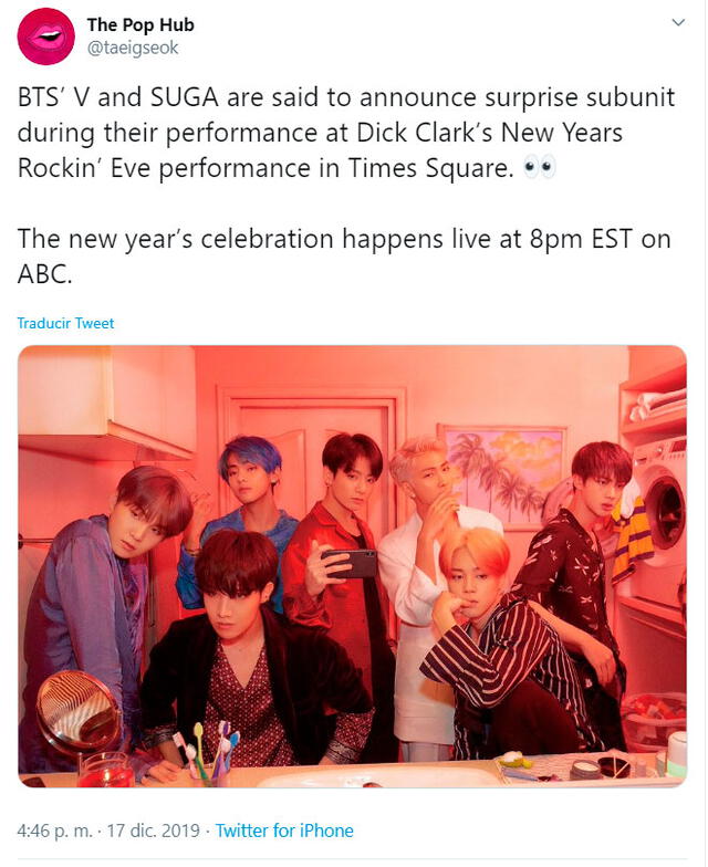 Los fans especulan con el anuncio de una posible sub-unidad con SUGA y V, que sería presentada durante el evento de fin de año en Times Square de Nueva York.