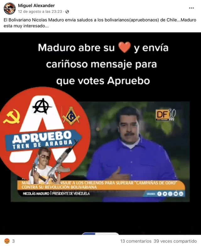 Publicación falsa afirma que el presidente de Venezuela envió un mensaje a Chile para votar por el "Apruebo" a la nueva Constitución. Foto: captura de Facebook