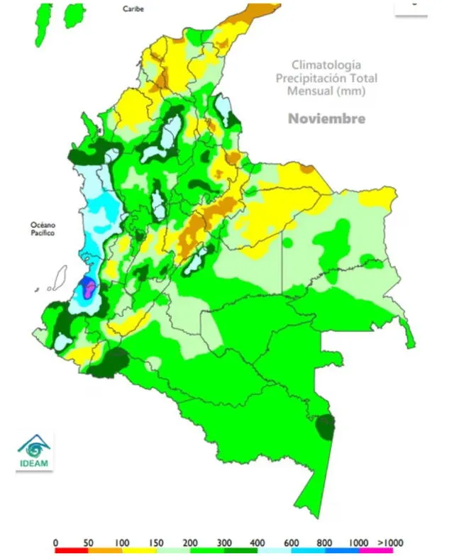 Gráfico de las zonas con mayor precipitación en todo el territorio colombiano. Fuente: Ideam    