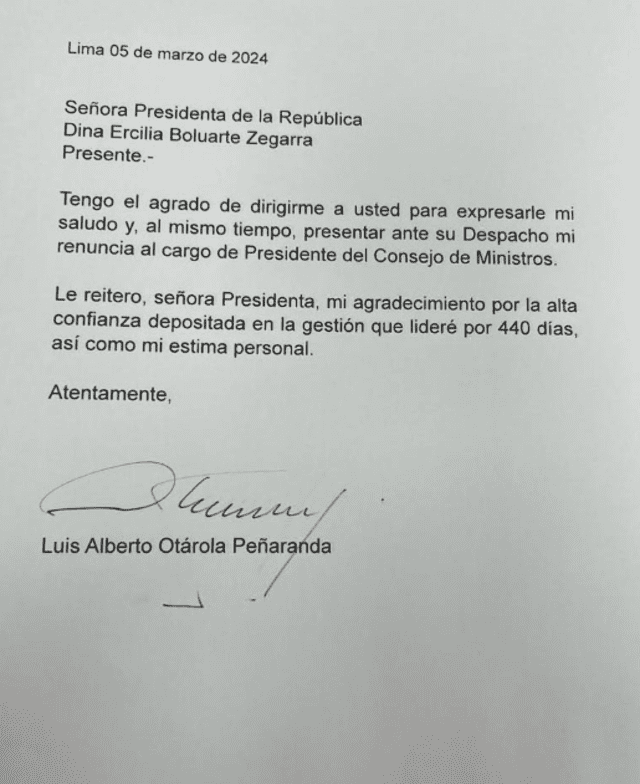 Carta de renuncia de Alberto Otárola. Foto: difusión   