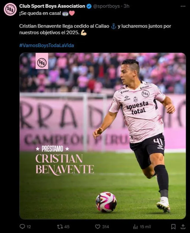 Comunicado de Sport Boys sobre Cristian Benavente. Foto: X/Sport Boys.    