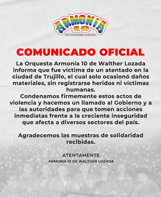 Orquesta musical Armonía 10 sufrió la pérdida de uno de sus cantantes en 2025. Foto: Armonía 10 / Instagram   