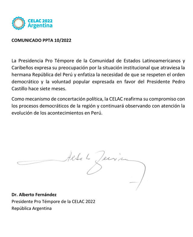Comunicado de la presidencia pro tempore de la Celac sobre la institucionalidad en el Perú. Foto: Celac