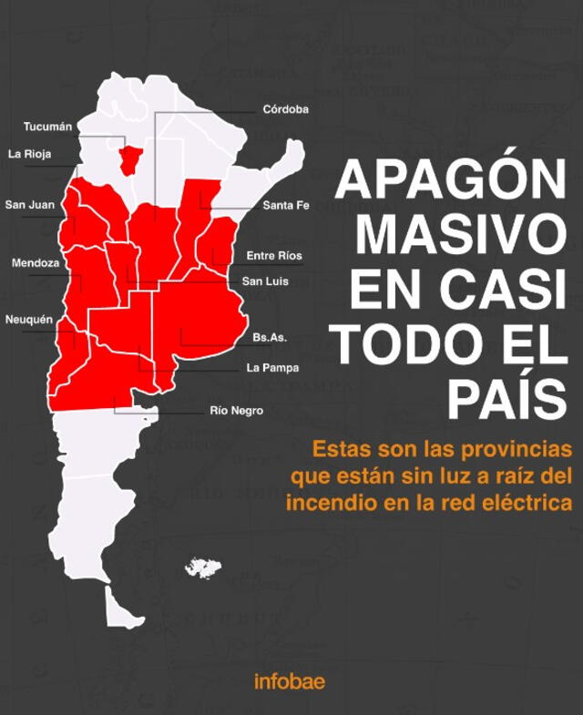  Mapa de apagón masivo en Argentina. Foto: Infobae<br>    