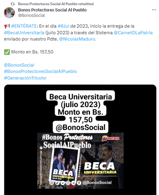 El último pago tuvo como monto 157,50 bolívares. Foto: Bonos Social/Twitter