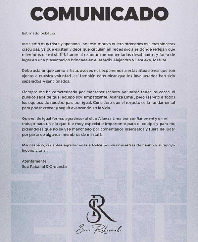 Comunicado de Suu Rabanal. Foto: Captura Instagram   