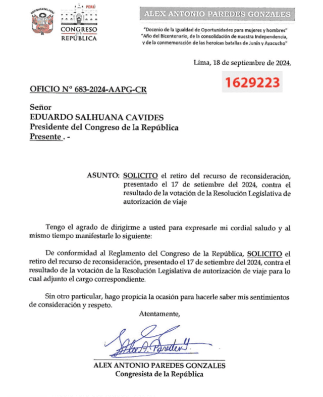  Congresista Alex Paredes retira reconsideración de viaje de la presidenta a Estados Unidos a solicitud de ella.   