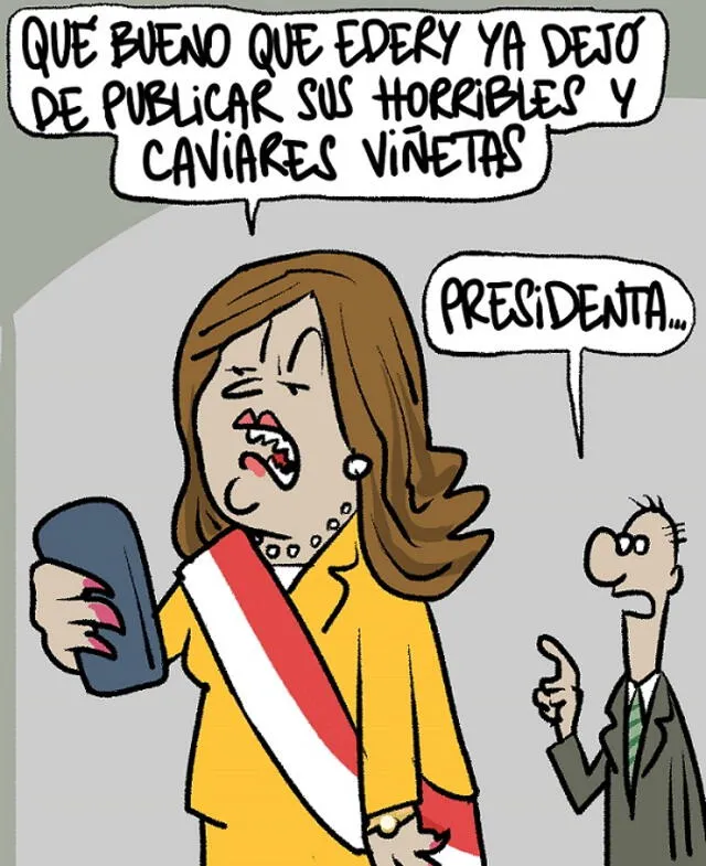 La presidenta Boluarte es una de las principales protagonistas de los dibujos del humorista. Ilustración: Andrés Edery.   