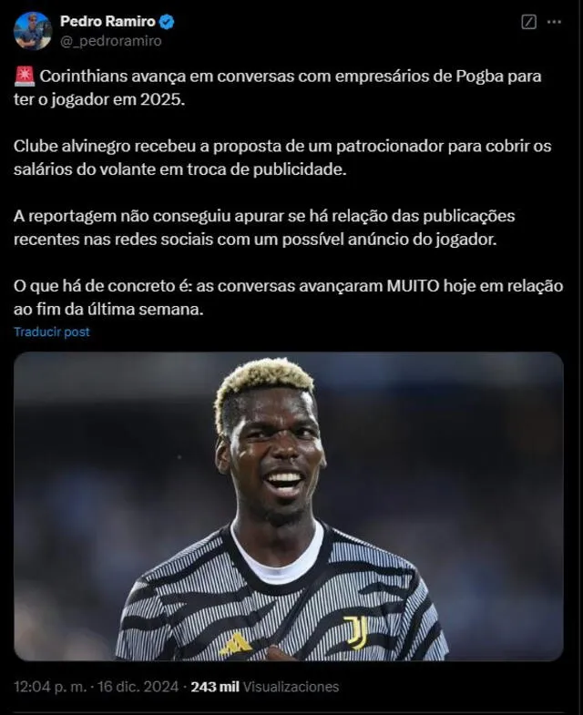 Paul Pogba podría tener su primera experiencia en el fútbol sudamericano. Foto: X/Pedro Ramiro.   