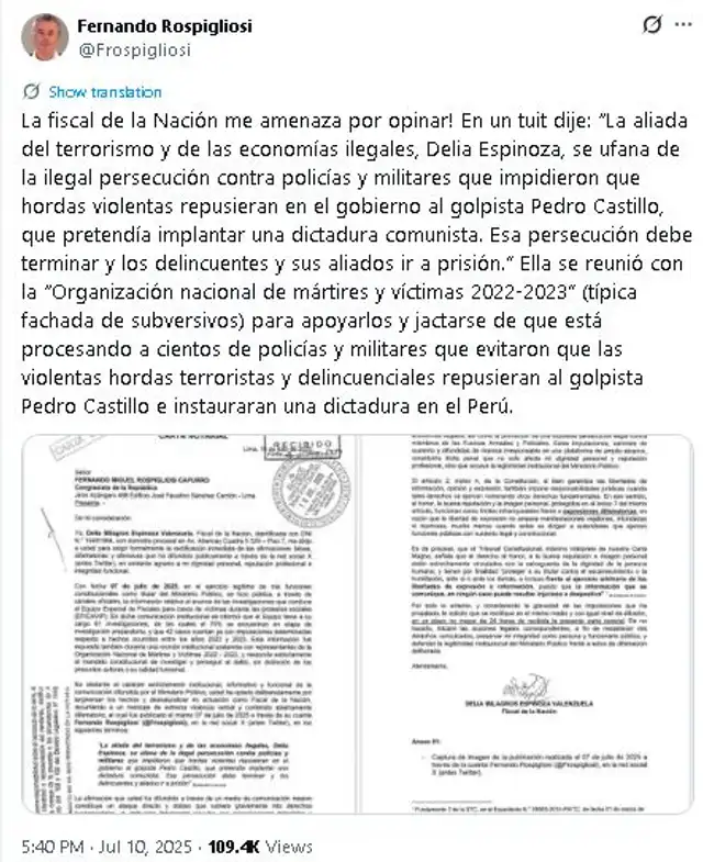 Tweet de Fernando Rospigliosi Tweet de Fernando Rospigliosi
