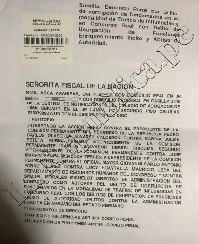 Denuncia penal contra Pedro Olaechea, Karina Beteta, Salvador Heresi y Marvin Palma. Foto: La República.