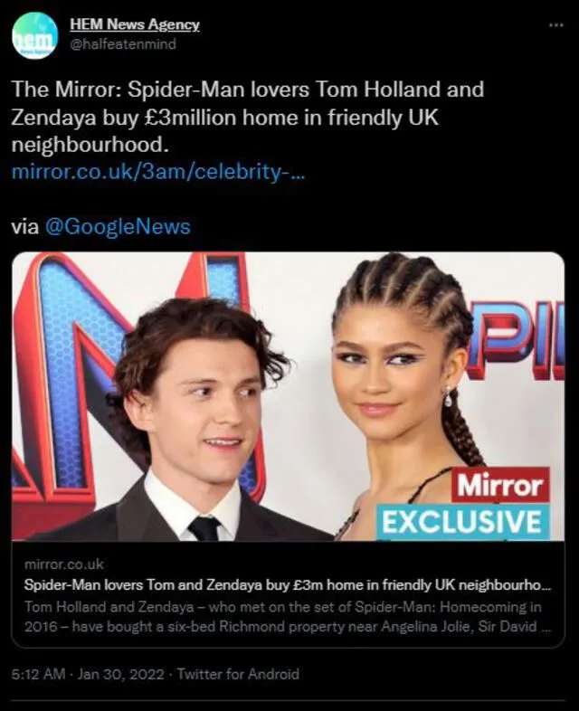 Según el diario The Mirror, Tom Holland y Zendaya empezarían la conviviencia. Foto: Twitter HEM News Agency