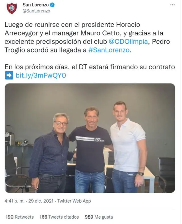 Pedro Troglio junto al el presidente Horacio Arreceygor y el manager Mauro Cetto. Foto: San Lorenzo