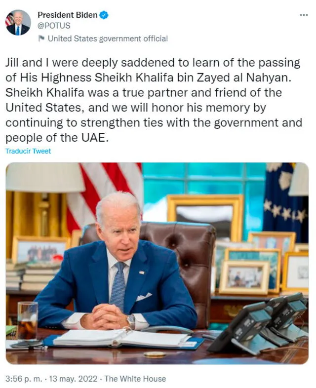 Mensaje de Joe Biden tras el fallecimiento del jeque Jalifa. Foto: POTUS / Twitter