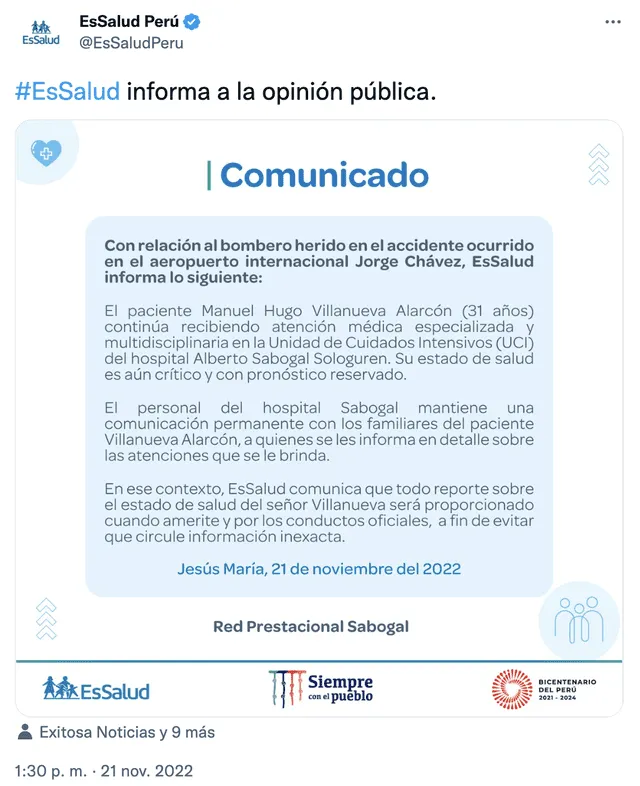 El 21 de noviembre de 2022, EsSalud actualizó sobre la salud del bombero herido. Foto: captura en Twitter / @EsSaludPeru