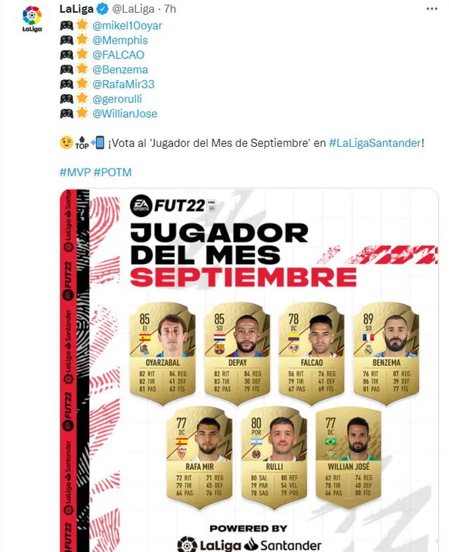 El anuncio de LaLiga sobre los nominados al jugador del mes de septiembre. Foto: captura Twitter