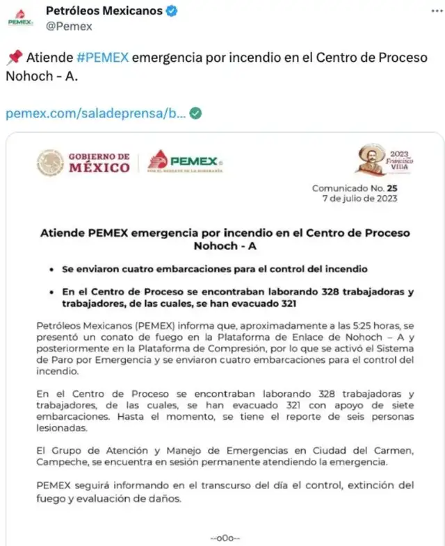  Comunicado de Petróleos Mexicanos. Foto: @Pemex/Twitter<br>    