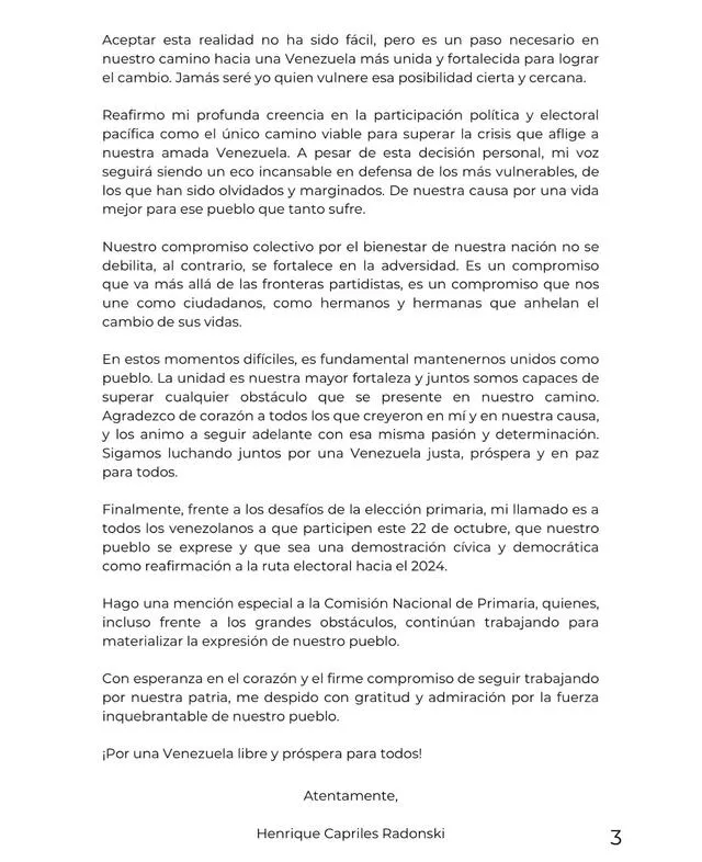  Carta pública de Henrique Capriles (Parte 3). Foto: X<br><br>  
