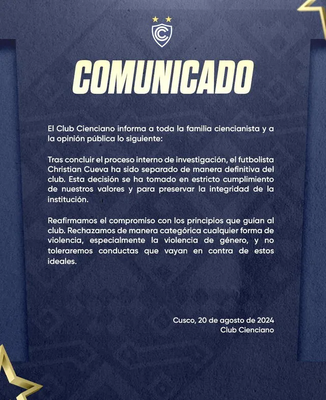 Comunicado de Cienciano. Foto: Instagram   